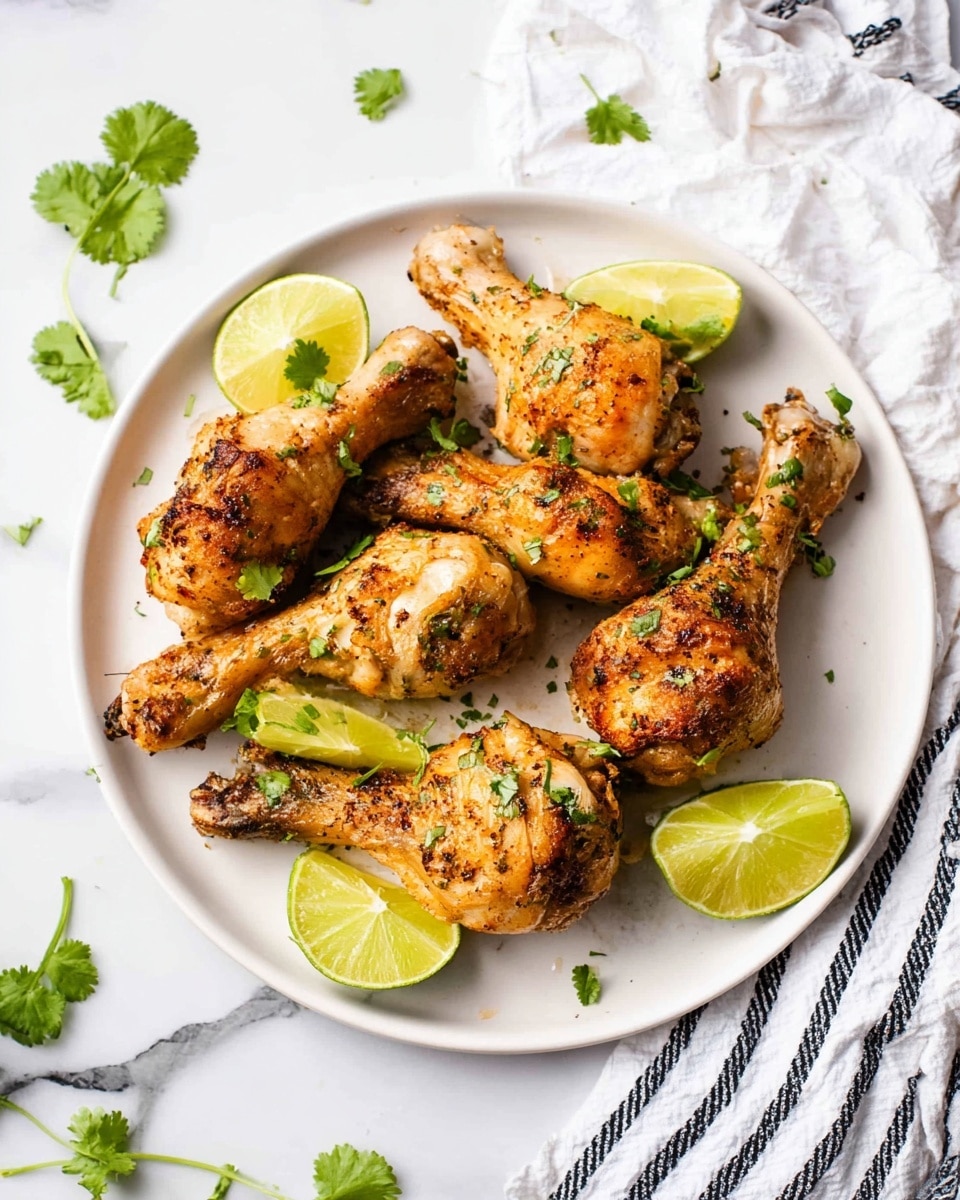 A white round plate holds eight golden brown cooked drumsticks arranged in a loose circular shape, sprinkled with small green cilantro leaves. Around the drumsticks are four lime wedges showing light green flesh. The plate sits on a white marbled surface with a crumpled white cloth and a white and black striped cloth partially visible on the right side. Scattered green cilantro leaves decorate the surface near the plate. photo taken with an iphone --ar 4:5 --v 7