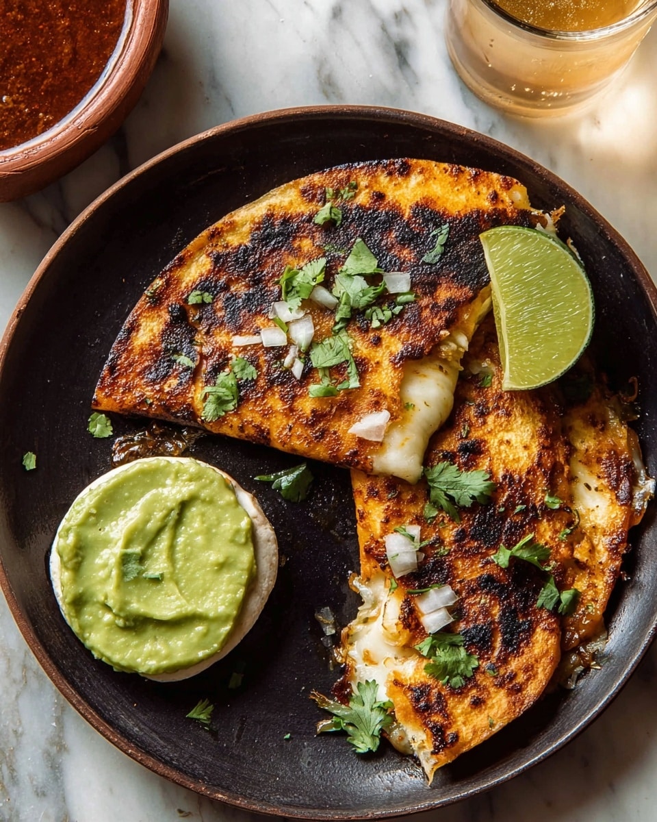 A black plate holds two golden brown quesadillas with crispy charred spots, each folded and garnished with green cilantro leaves and small pieces of white onion on top. One quesadilla is broken open, revealing melted white cheese inside. To the right of the quesadillas is a half lime with a bright green inside. On the left side of the plate, there is a small round white item topped with a smooth dollop of light green guacamole. The plate rests on a white marbled surface with a partial view of a brown bowl with dark red sauce in the top left corner and a glass of light-colored drink at the top right. Photo taken with an iphone --ar 4:5 --v 7
