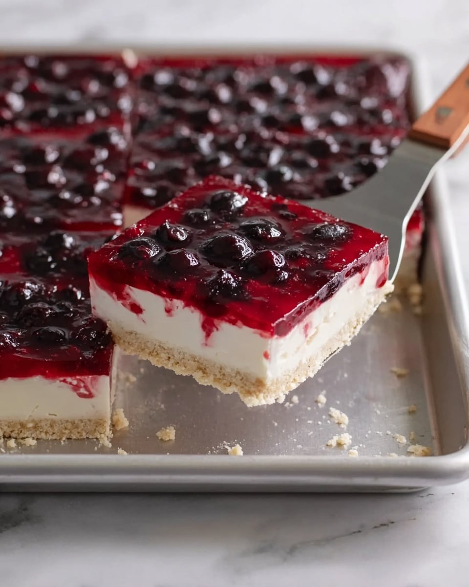 This image shows a square dessert with three layers on a metal tray placed on a white marbled surface. The bottom layer is a light tan color with a crumbly texture, the middle layer is smooth and white, and the top layer is a bright red jelly filled with many small dark purple berries spread evenly. A large square piece is being lifted slightly with a metal spatula that has a wooden handle, showing the clear separation of the three layers and the shiny, glossy texture of the top jelly layer, photo taken with an iphone --ar 4:5 --v 7