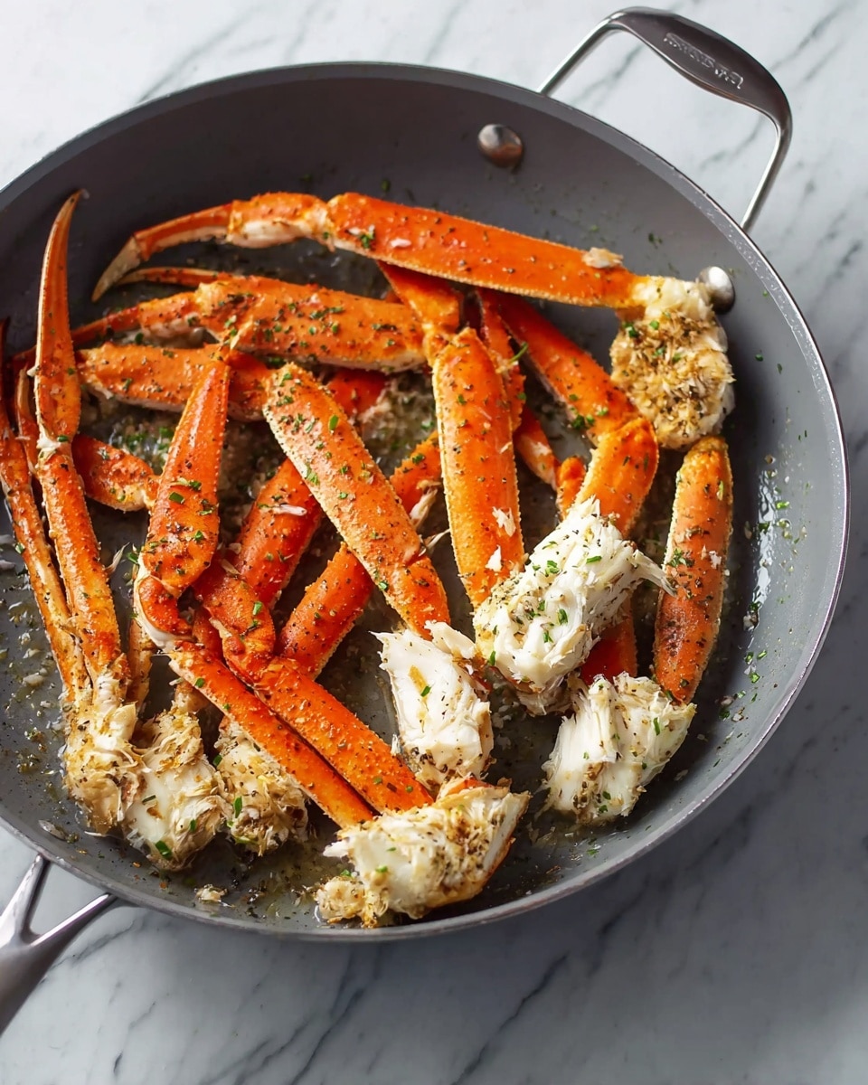 A gray pan filled with several orange crab legs arranged in a loose pile, some with the shells fully intact and others showing a bit of white crab meat inside. There are three larger white pieces of crab meat with a chunky texture distributed around the legs. The crab legs and meat are sprinkled with small specks of green herbs and seasoning. The pan is placed on a white marbled surface. Photo taken with an iphone --ar 4:5 --v 7