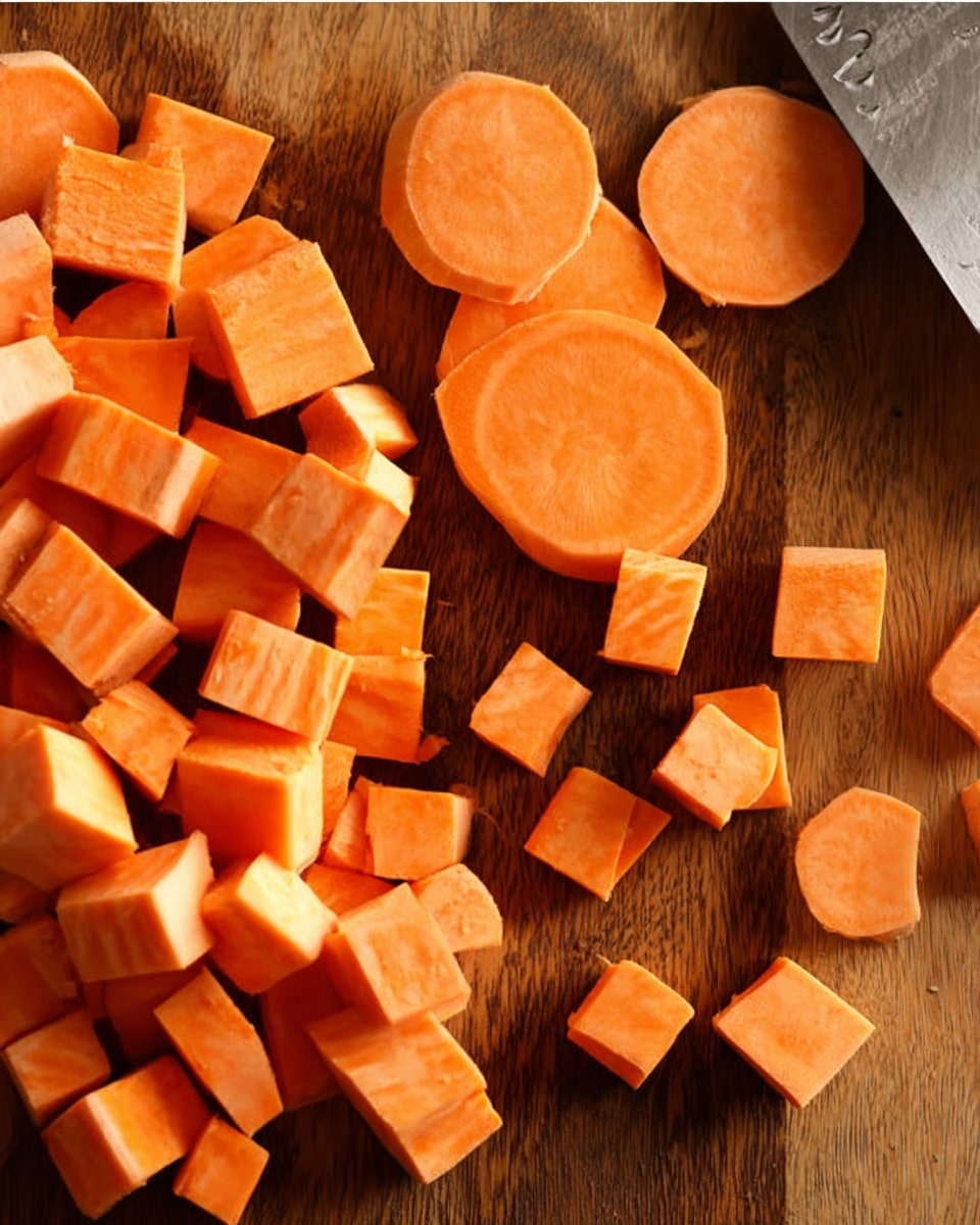 The image shows many pieces of peeled orange sweet potato on a wooden surface. There are cubes of sweet potato in the center and bottom half of the image, with some slices that look round and thin near the top center. A metallic vegetable peeler is on the top right corner, partially visible. The texture of the sweet potato cubes is smooth, and they are neatly arranged but spread out. photo taken with an iphone --ar 4:5 --v 7