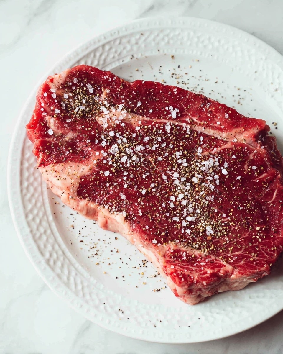 A thick, raw red steak is placed on a white plate with a patterned rim. The steak has visible light pink fat layers running through it, and it is generously covered with coarse white salt and cracked black pepper evenly spread across the top. The plate rests on a white marbled surface, giving a clean and simple background. Photo taken with an iphone --ar 4:5 --v 7