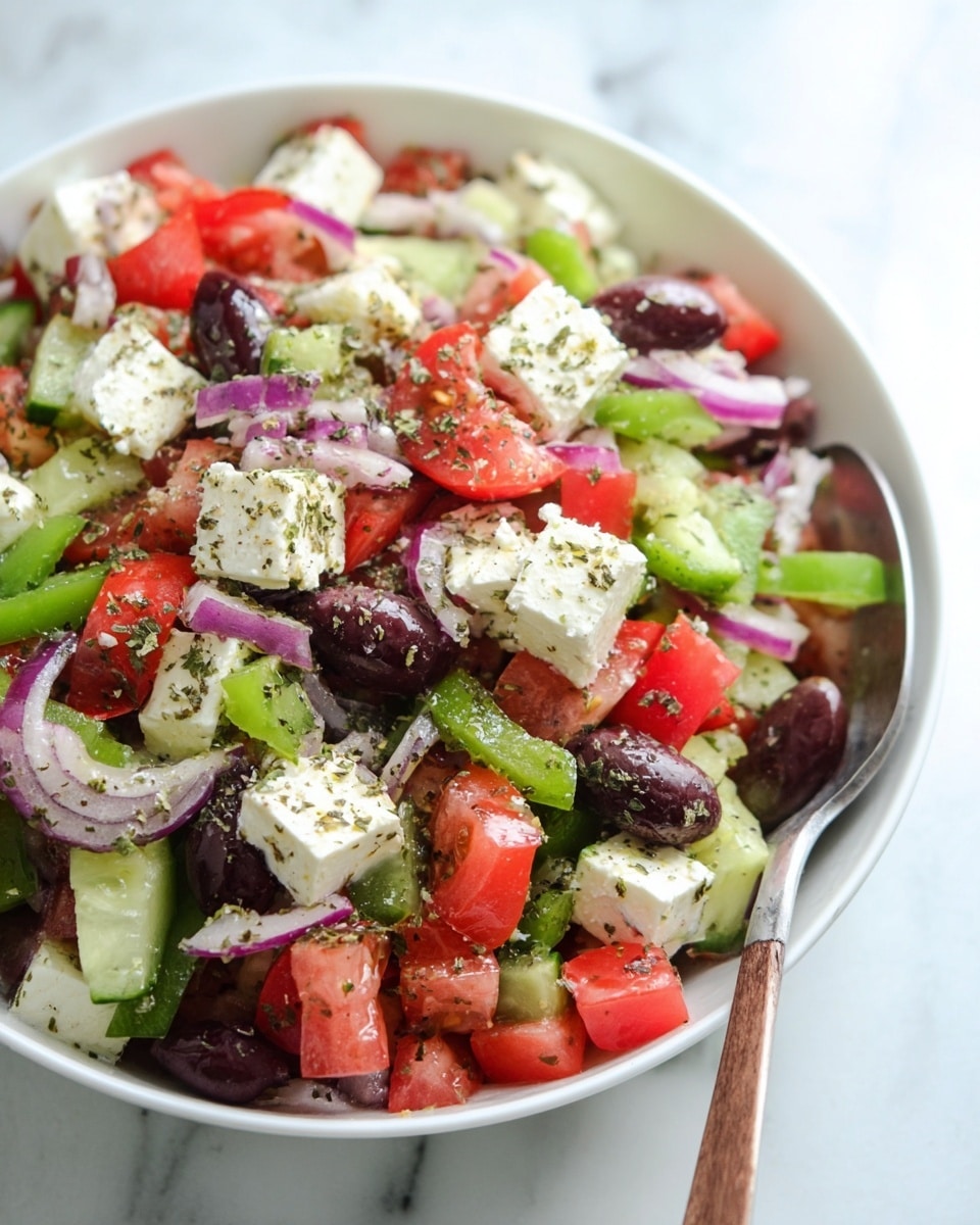 A white bowl filled with a colorful Greek salad containing layers of diced red tomatoes, green bell peppers, cucumber pieces, black olives, and cubes of white feta cheese. Thin slices of purple onion are scattered throughout the salad. The ingredients are mixed well and sprinkled with green herbs and black pepper. A silver spoon is placed inside the bowl on the right side. The bowl sits on a white marbled surface with a soft focus background. photo taken with an iphone --ar 4:5 --v 7