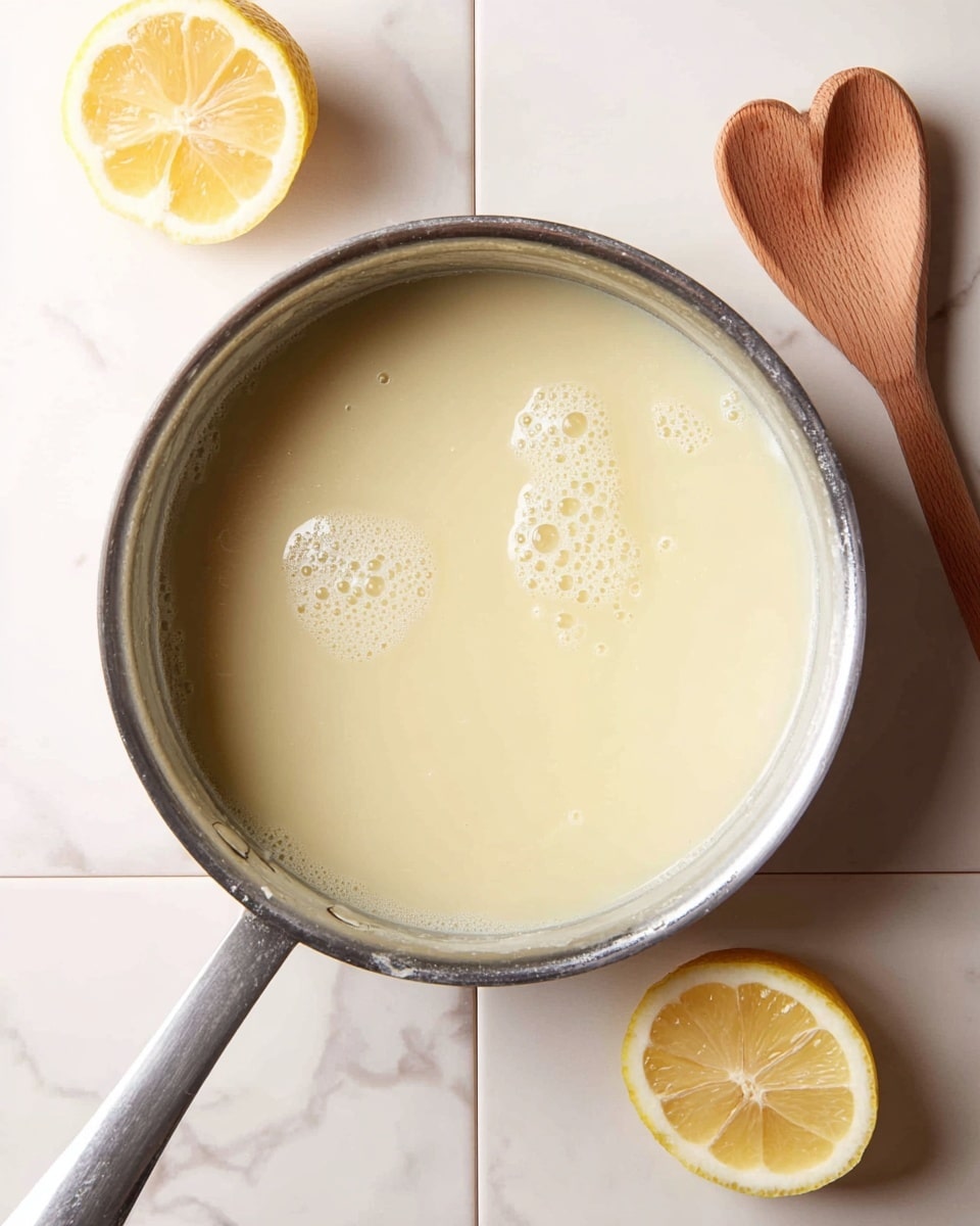 A metal saucepan filled with a pale yellow liquid, smooth and slightly bubbly on the surface, sits on a white marbled tiled countertop. To the left of the saucepan, a halved lemon with bright yellow flesh rests on the countertop, while another lemon half is positioned near the bottom right corner. On the upper right side, a wooden spoon with a heart-shaped cutout lies flat on the countertop. photo taken with an iphone --ar 4:5 --v 7