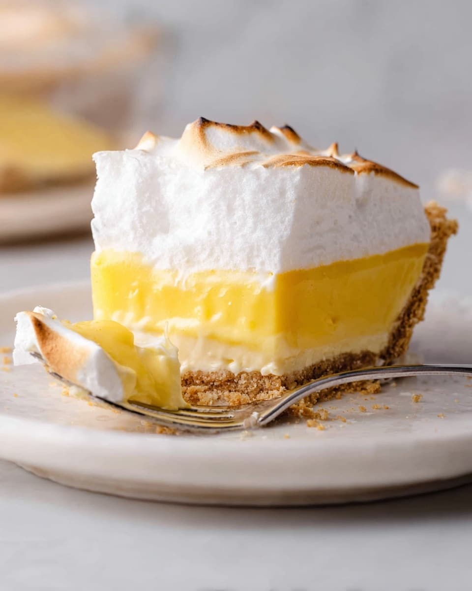 The image shows a slice of lemon meringue pie on a white plate with a white marbled texture. The pie has three layers: a crumbly light brown crust at the bottom, a thick, smooth, bright yellow lemon filling in the middle, and a tall, fluffy white meringue topping that is lightly browned on the peaks. There is a fork with a piece of the pie next to the slice, showing all three layers clearly. The scene is softly lit and close up, focusing on the textures of the pie. Photo taken with an iphone --ar 4:5 --v 7