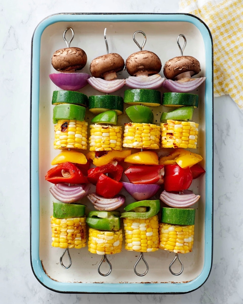 Four metal skewers each hold layered fresh vegetables, arranged vertically on a white enamel tray with a light blue interior, placed on a white marbled surface. Each skewer starts at the top with a brown mushroom cap, followed by thick rings or pieces of yellow squash, green zucchini, bright yellow corn cob sections, crisp red and green bell pepper chunks, and purple onion slices. The colors alternate evenly, creating a fresh, colorful, and healthy visual stack with visible textures—smooth mushroom caps, kernels on the corn, and the shiny surfaces of the peppers and squash. Photo taken with an iphone --ar 4:5 --v 7