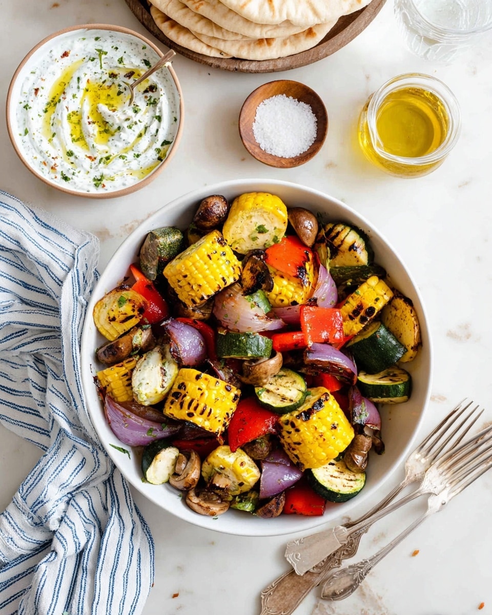A white bowl filled with colorful grilled vegetables, including thick yellow corn rounds with char marks, red and green bell pepper pieces, sliced green zucchini, yellow squash, purple onion chunks, and whole brown mushrooms, all mixed together with a slightly shiny texture. Around the bowl on a white marbled surface, there is a small white bowl with creamy white yogurt sauce garnished with green herbs and a drizzle of oil, a few pieces of beige pita bread stacked on a white plate, a small clear glass bowl with golden oil and herbs, a wooden bowl with white coarse salt, two forks, a clear glass of water, and a white cloth napkin with blue stripes photo taken with an iphone --ar 4:5 --v 7