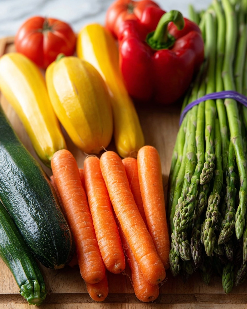 The image shows a close-up of fresh vegetables placed on a wooden surface with a white marbled background. In the front, there is a bunch of bright orange carrots lined up side by side, each showing a smooth, slightly shiny texture. Right behind the carrots are two yellow summer squashes with soft curves and a matte finish. To the right of the squashes, two dark green zucchinis rest partially overlapping each other, with a firm texture and shiny skin. Behind the zucchinis and slightly to the left, two red bell peppers with smooth, glossy surfaces sit with green stems facing up. On the far right, a large bundle of green asparagus stalks is bound together by a purple rubber band, showing a textured, slightly rough appearance. Greens from the asparagus and other vegetables extend toward the background, adding depth to the image. Photo taken with an iphone --ar 4:5 --v 7