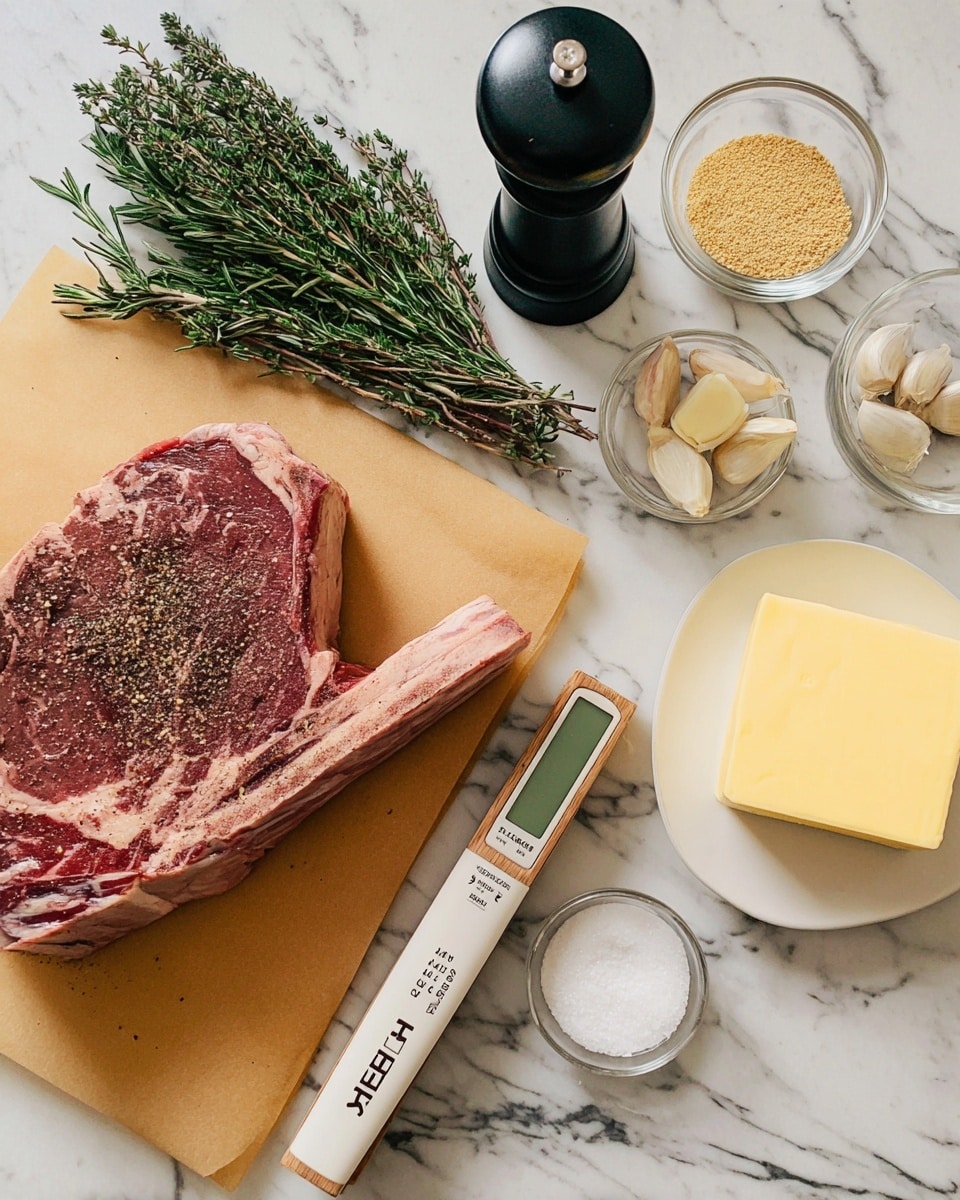 A large raw steak with a bone, brownish-red with fat edges and seasoned with black pepper, lies on a small tan cutting board placed on a white marbled surface. Next to it are fresh green rosemary and thyme sprigs, a small pile of peeled white garlic cloves in a clear glass bowl, a block of yellow butter on a white plate, and a small glass bowl with light brown granules. A black pepper grinder and a round white dish of salt are also visible. In front of the cutting board is a wooden and white digital meat thermometer with its wooden case, all arranged neatly. photo taken with an iphone --ar 4:5 --v 7