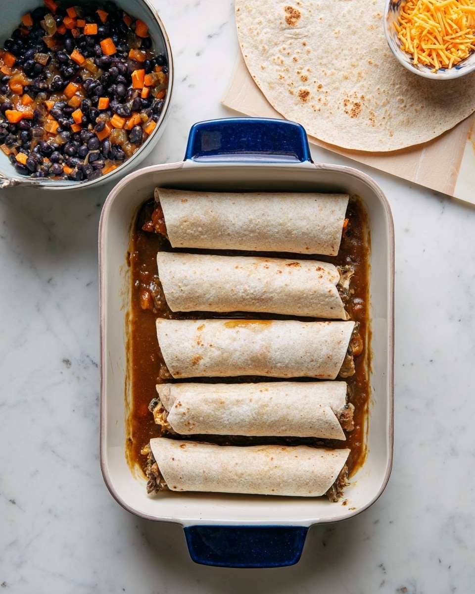 A white baking dish with a blue handle holds four rolled tortillas placed side by side in one layer, resting on a thin layer of brown sauce that spreads unevenly at the bottom. To the left, a white bowl contains a mix of black beans and chopped orange vegetables. Above the dish, an open tortilla spread with the same bean and vegetable mixture sits on a white marbled surface. A small white bowl of shredded cheese with orange and white color is placed nearby on the top right. The whole scene is set on a white marbled background. photo taken with an iphone --ar 4:5 --v 7