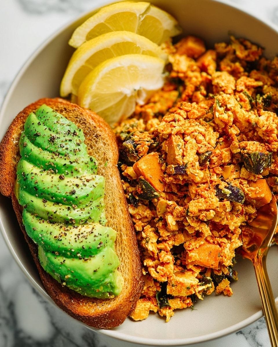 The image shows a white bowl filled with a scrambled mixture made of light brown and orange chunks mixed with small pieces of green and purple vegetables. In the bowl, there is a gold spoon partially buried in the food on the right side. On the left side of the bowl, there are two slices of toast covered with smooth, thin slices of bright green avocado sprinkled with black pepper. In the top right corner inside the bowl, there are three lemon wedges with bright yellow skin and light yellow inner flesh. The bowl is placed on a white marbled surface. Photo taken with an iphone --ar 4:5 --v 7