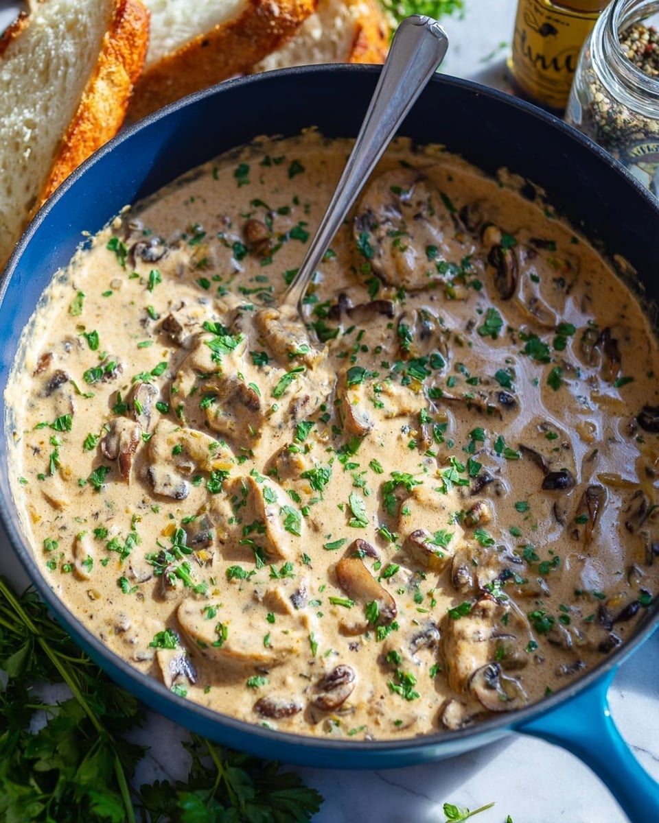 A deep blue pan filled with a creamy sauce that has a light beige color mixed with small dark pieces, likely mushrooms. The sauce has a smooth and thick texture covering several slices of pale cooked meat underneath. Green chopped herbs are scattered evenly across the top to add a fresh touch. A silver fork rests on the right side, partly dipped into the sauce, with the white marbled surface beneath the pan. To the right, there is a glass spice jar lying sideways with a label, and to the left, some fresh green herb leaves are partially visible next to a piece of toasted bread. Photo taken with an iphone --ar 4:5 --v 7