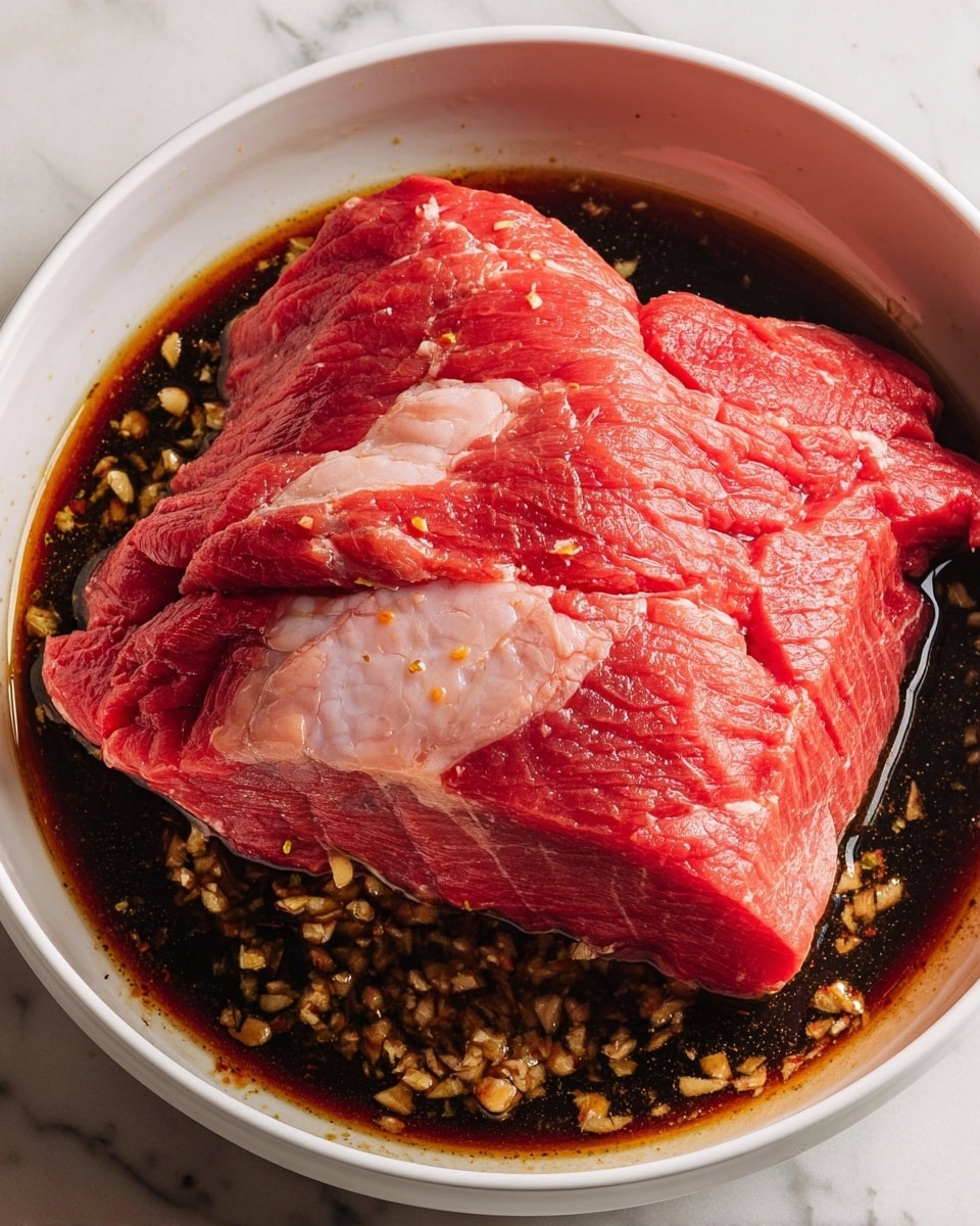 In a white bowl, there is a large piece of bright red raw meat with some white fat layers on top. The meat is partially submerged in a dark brown sauce filled with small pieces of minced garlic or ginger, giving it a textured surface. The background is a white marbled surface. photo taken with an iphone --ar 4:5 --v 7