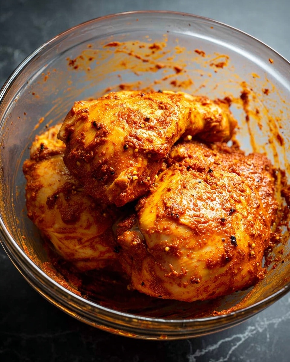 A clear glass bowl holds three large pieces of raw chicken thoroughly coated in a vibrant orange-red spice mix with visible small dark flecks, creating a textured surface on the meat. The chicken pieces show skin with a slightly shiny, wet appearance from the marinade. The bowl sits on a dark surface, but imagine it placed on a white marbled texture instead. The edges of the bowl are slightly stained with the same orange marinade, adding to the rich, spiced look of the dish. photo taken with an iphone --ar 4:5 --v 7