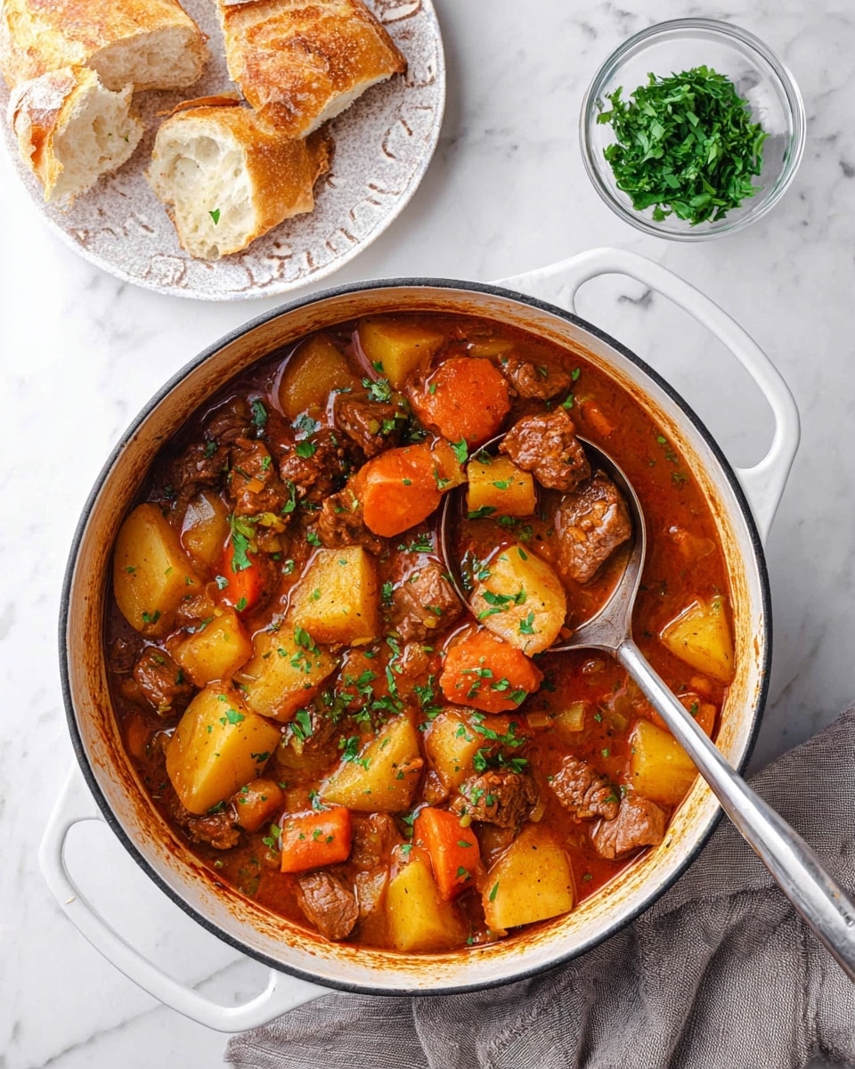 A large white pot filled with a thick stew showing layers of chunky golden potatoes, bright orange carrot pieces, and tender brown meat chunks all mixed in a rich reddish-brown sauce, sprinkled with fresh green herbs on top. A metal ladle scoops some of the stew from the pot, highlighting the hearty mix of vegetables and meat. Next to the pot, there is a white patterned plate with torn pieces of crusty golden bread and a small clear bowl filled with chopped green herbs, all set on a white marbled surface. A soft gray cloth is partially visible under the pot photo taken with an iphone --ar 4:5 --v 7