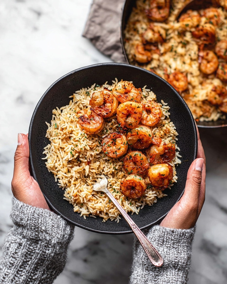 A white marbled surface holds a black bowl filled with two layers: the bottom layer is light brown cooked rice with herbs scattered lightly throughout, and the top layer consists of large, browned shrimp with a slightly red tinge arranged evenly. A fork rests inside the bowl touching the rice, while a woman's hand in a gray knit sweater holds the bowl from opposite sides. In the background, a large pot with the same shrimp and rice mix is visible, showing the same colors and textures. Photo taken with an iphone --ar 4:5 --v 7