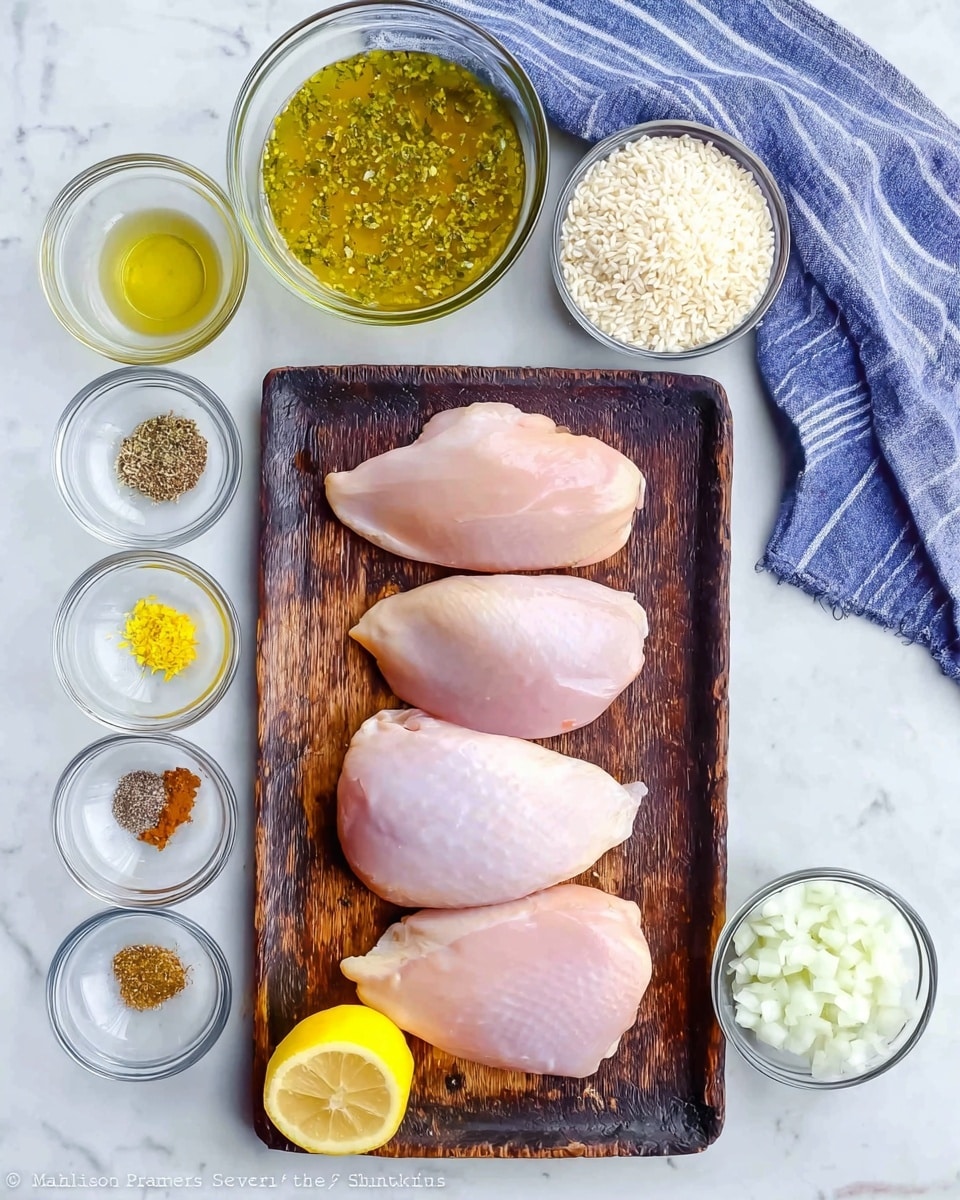 The image shows four pieces of raw light pink chicken arranged in two vertical rows on a dark worn wooden board, with a bright yellow lemon half placed at the bottom left corner. Surrounding the board on a white marbled surface are several small clear glass bowls containing various ingredients: at the top left, a large bowl filled with yellow-green liquid mixed with herbs; to its right, a medium bowl with uncooked rice. Below the rice, five smaller bowls lined up vertically hold different spices, lemon zest, olive oil, and water, all spaced evenly. At the bottom right, a large bowl of chopped white onions is visible. The scene also includes a blue and white striped cloth at the top right corner, giving a fresh, clean look. Photo taken with an iphone --ar 4:5 --v 7