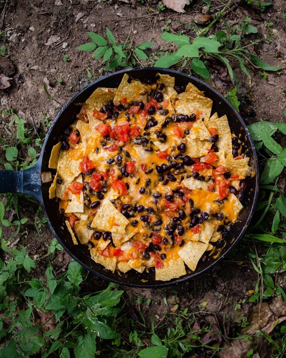 A black pan is filled with three main layers, starting with a base layer of golden-yellow tortilla chips. On top of the chips, there is a layer of melted light orange cheese, covering most of the chips. The top layer is sprinkled with small black beans and pieces of bright red tomato scattered all over. The pan is placed on a rough outdoor ground with dirt, green leaves, and grass around it. photo taken with an iphone --ar 4:5 --v 7