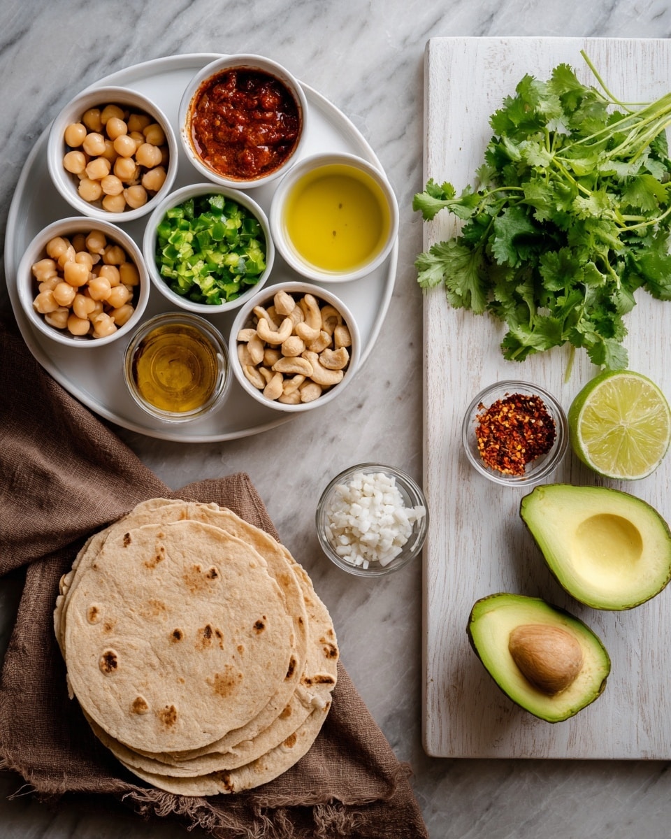 The image shows a white round dish with six small bowls arranged on it, each containing different ingredients: light beige chickpeas, green chopped peppers, golden-yellow oil, reddish-brown sauce, light brown cashews, and a small bowl with white garlic cloves and red spices, all placed on a white marbled surface. To the right, there is a white wooden board with fresh green cilantro leaves, two halves of a green lime, and a halved avocado showing its light green inside and brown seed. Below the dish, there are several round, light brown tortillas stacked on a brown cloth. Photo taken with an iphone --ar 4:5 --v 7