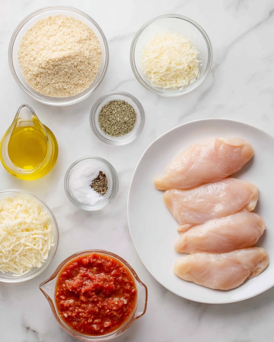 The image shows a white plate on the right side with four pieces of raw, smooth, pale pink chicken placed neatly. To the left, on a white marbled surface, there are several small glass bowls containing different ingredients: a large bowl filled with light beige breadcrumbs at the top left, a medium bowl with off-white grated cheese below it, a small bowl of dried greenish herbs above a tiny bowl of white salt, another tiny bowl with cracked black pepper beside the salt, and a clear jug filled with golden yellow olive oil near the bottom left corner. Additionally, there is a round bowl of shredded white cheese and a clear glass measuring cup holding chunky red tomato sauce next to the chicken plate. The setting is clean and organized, all resting on the white marbled surface. photo taken with an iphone --ar 4:5 --v 7