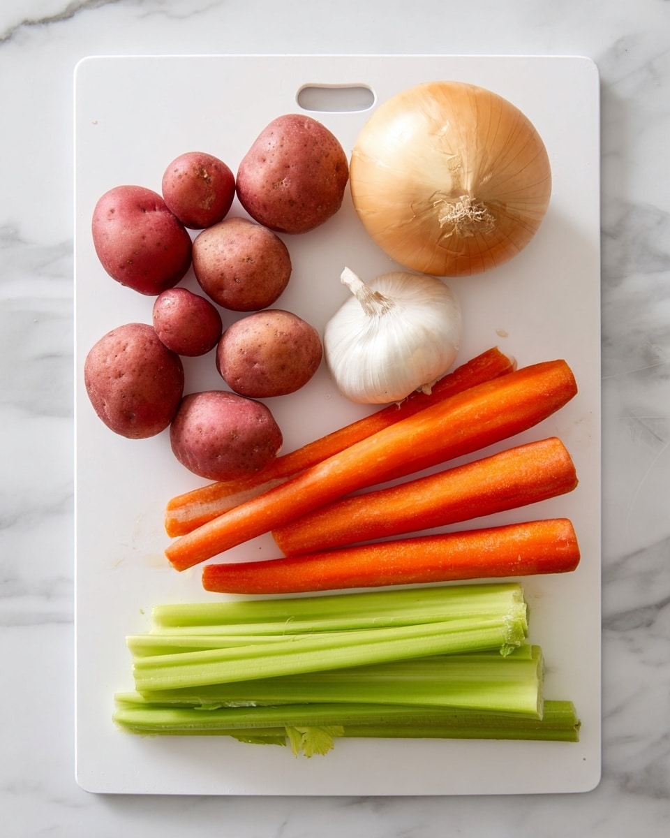 A white cutting board placed on a white marbled surface holds seven small red potatoes on the left side. Above the potatoes, there is a whole onion with a light tan skin. In the center, a bulb of garlic lies beside the onion. On the right side, there are three long orange carrots. Below, four light green celery sticks are lined up horizontally. All the vegetables have natural textures and colors, showing a fresh and unpeeled look. Photo taken with an iphone --ar 4:5 --v 7