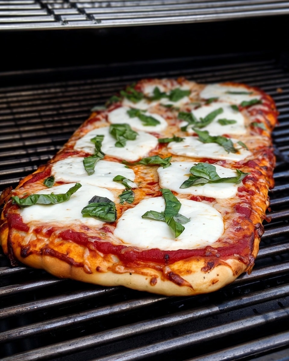 A long rectangular pizza on a grill with a golden brown crust that is slightly bubbling and crisp around the edges. The first layer is a smooth, bright red tomato sauce spread evenly across the dough, stopping just before the crust. On top, there are seven thick, white melted cheese slices placed in a scattered pattern with soft, slightly shiny texture. Bright green basil leaves are spread over the cheese in small clusters, adding color contrast. The grill bars underneath are dark and metallic, but the pizza is the focus. Photo taken with an iphone --ar 4:5 --v 7