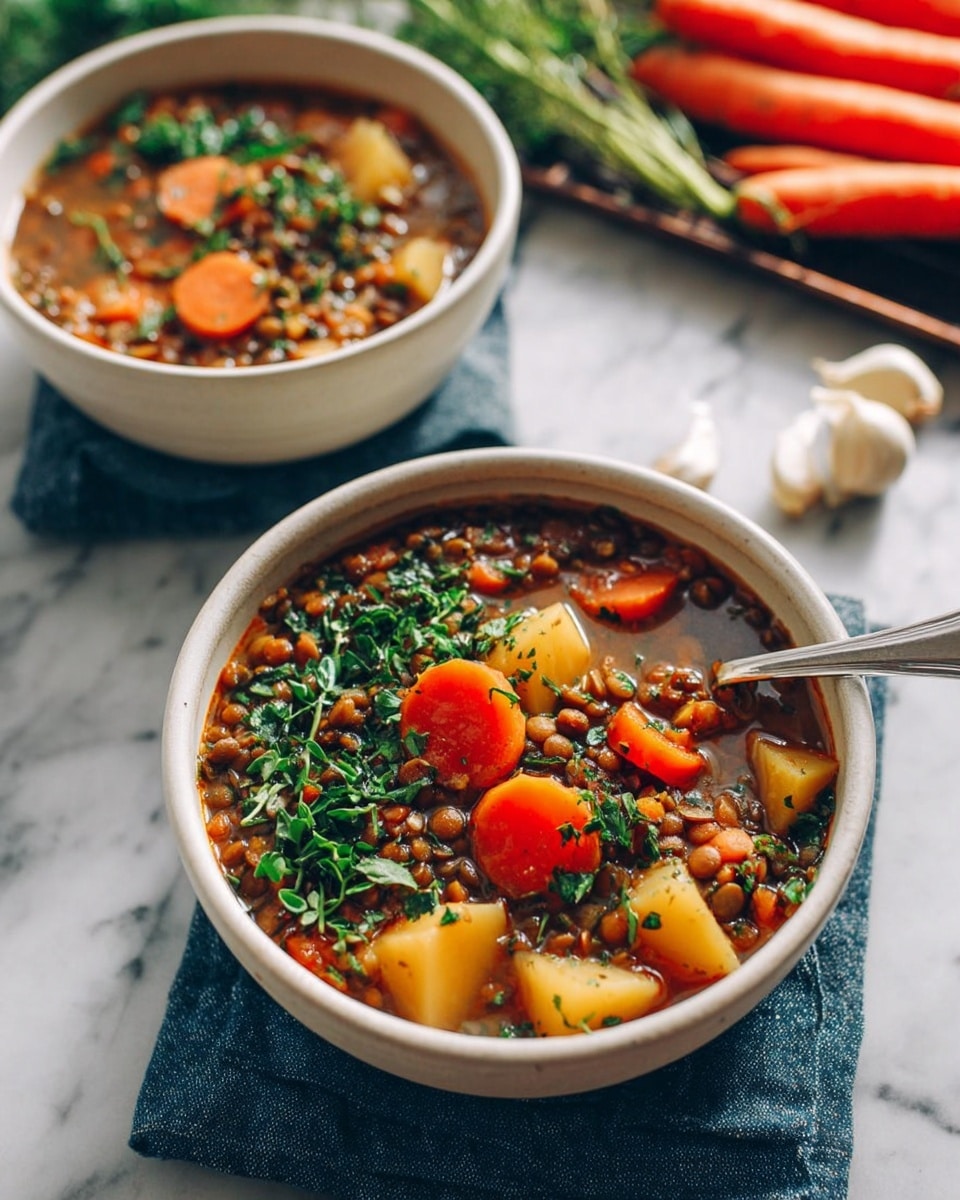 Two white bowls filled with thick lentil stew sit on a white marbled surface, one in the front and one slightly behind. Each bowl has three layers: the top layer includes chopped fresh green herbs, the middle layer shows large bright orange carrot slices and beige potato chunks floating with the brown lentils in a dark broth, and the bottom layer is the smooth liquid base. A silver spoon rests inside the bowl in the front, and a folded blue cloth is underneath that bowl. In the background, out of focus, there are fresh carrots and garlic on a tray. Photo taken with an iphone --ar 4:5 --v 7