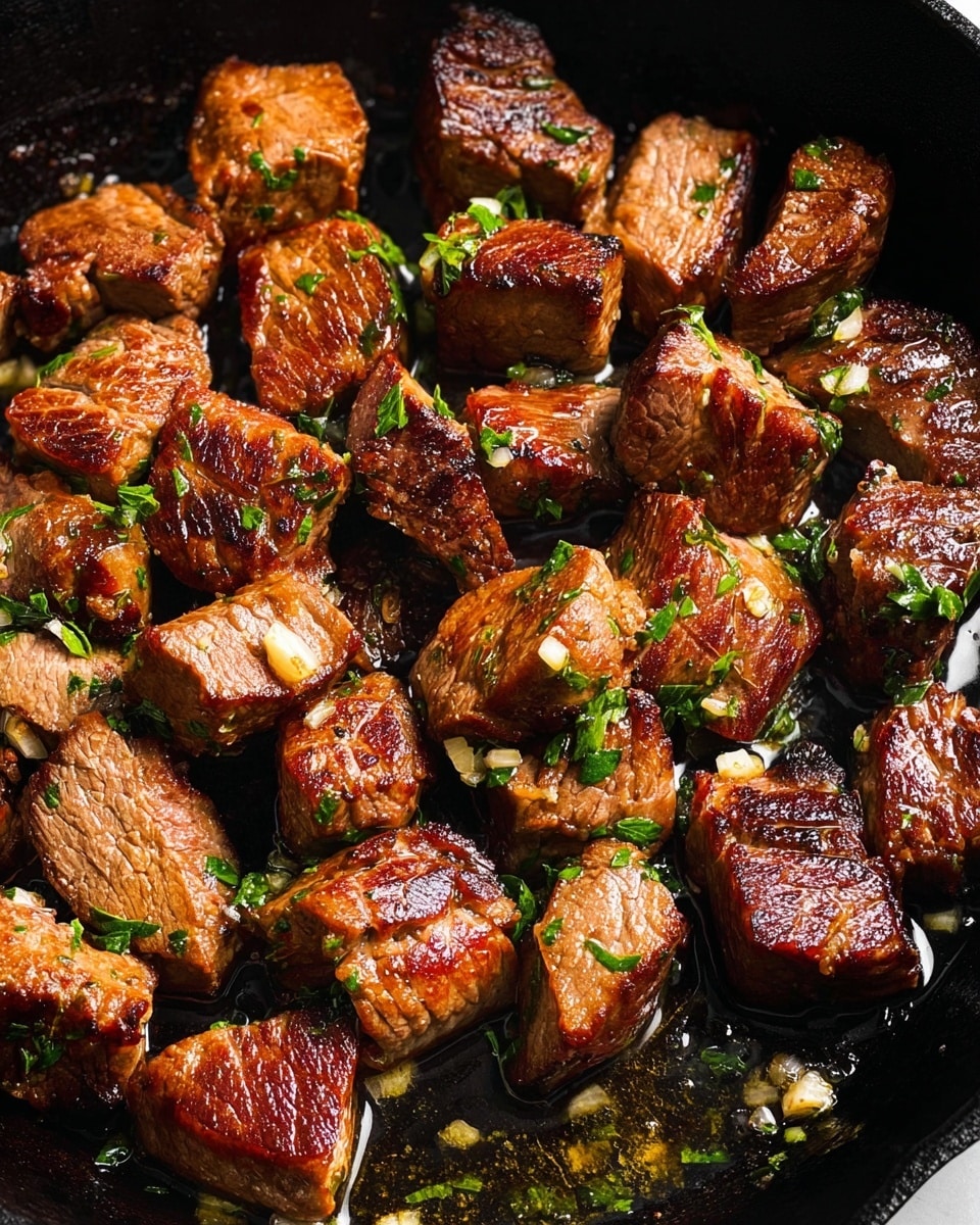 Close-up of small brown pieces of cooked meat with a slightly shiny surface, speckled with green herbs. One piece is lifted by a silver fork, showing a textured, caramelized outer layer and juicy inside. The meat pieces in the background have similar cooked textures and colors, with visible herbs scattered everywhere. The surface beneath is not visible, focus is tight on the meat and fork. Photo taken with an iphone --ar 4:5 --v 7