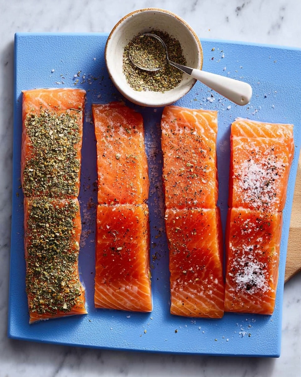 The image shows four long pieces of raw salmon with bright orange flesh, laid out side by side on a smooth blue cutting board. Two pieces on the left are covered with a layer of greenish dried herbs and spices, while the two on the right have a light sprinkle of black pepper and coarse salt. Next to the salmon on the board is a small white bowl filled with more dried herbs, and a small spoon with a white handle resting inside the bowl. The background is a white marbled surface. photo taken with an iphone --ar 4:5 --v 7