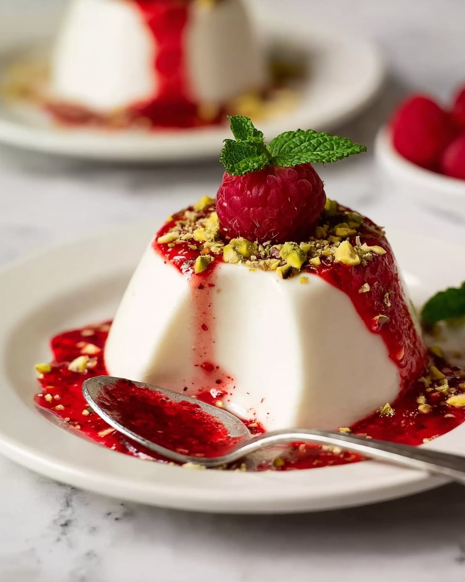 A smooth, creamy white panna cotta shaped like a small cylinder sits on a white plate with a white marbled texture surface. A bright red raspberry sauce is drizzled over the top, flowing down the sides and pooling around the base. On top of the panna cotta, there is a single red raspberry and chopped green pistachios scattered lightly, along with a sprig of fresh green mint leaves. A spoon lies beside the dessert on the plate, coated with some of the red sauce. The background shows a blurred white plate with more raspberries and panna cotta. Photo taken with an iphone --ar 4:5 --v 7