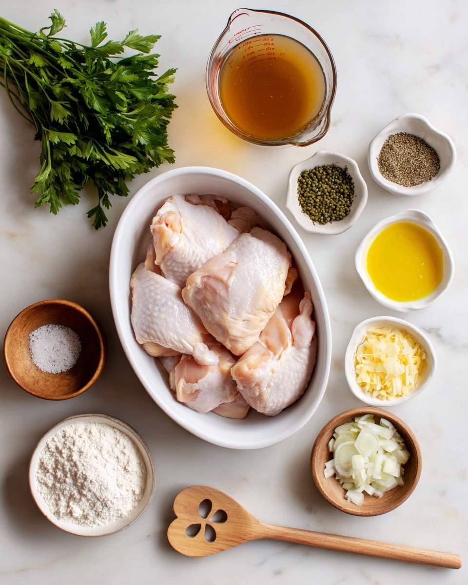 The image shows raw chicken pieces placed inside a white oval dish on a white marbled surface. A clear glass measuring cup filled with brown liquid sits next to the dish. Surrounding this are small white and light brown bowls containing white flour, green capers, chopped white onions, yellow butter, and clear oil. There are two small wooden bowls with black pepper and white salt, along with a small white square container holding light brown crushed garlic. A bunch of green parsley is on the upper left corner. At the bottom right, there is a wooden spoon with a flower-shaped cutout. Photo taken with an iphone --ar 4:5 --v 7
