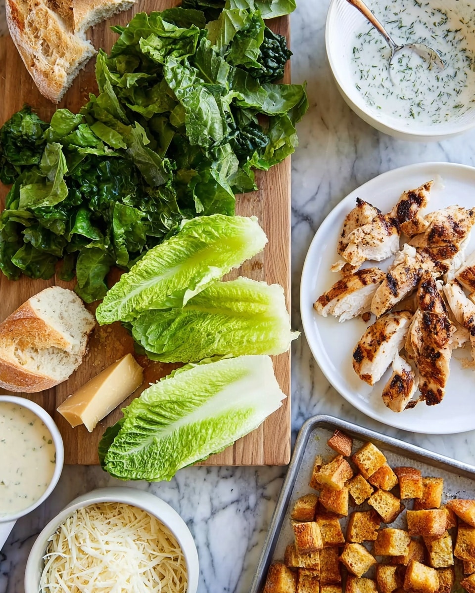 The image shows fresh salad ingredients arranged on a white marbled surface. At the center is a wooden board with chopped dark green lettuce leaves, surrounded by two halves of crisp, light green romaine lettuce. On the left, there is a small white bowl filled with shredded white cheese and a piece of golden brown bread. Above, a white bowl contains white dressing with herbs, and a silver spoon rests inside it. To the right, a white plate holds nicely grilled, lightly browned chicken with visible grill marks. At the bottom right corner, a metal tray is filled with golden-brown toasted croutons scattered unevenly. The photo taken with an iphone --ar 4:5 --v 7