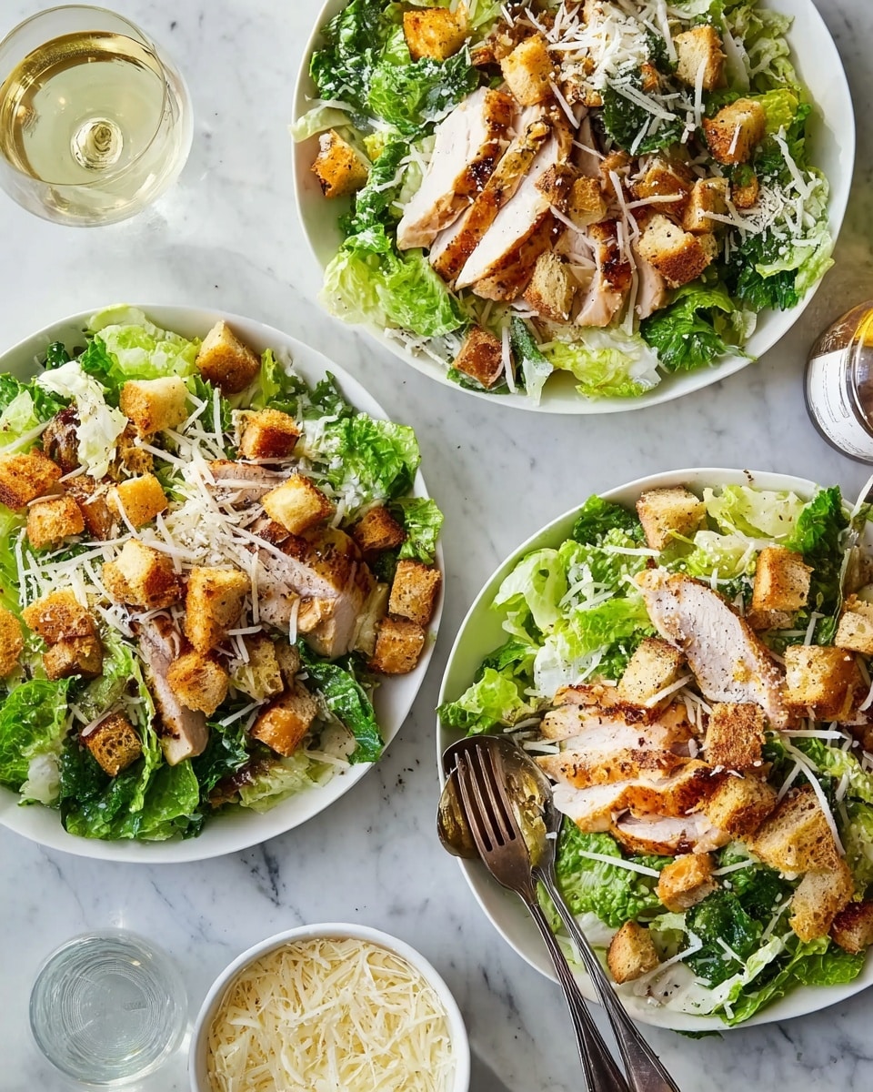 The image shows three white plates filled with a fresh salad. Each salad has a base layer of bright green romaine lettuce leaves, some large and some smaller. On top of the lettuce, there are pieces of cooked chicken with a golden brown outside and tender white inside, sliced thickly. Scattered over the chicken and lettuce are golden brown croutons that look crunchy with some green herbs inside. Thin shreds of white cheese are sprinkled on top, adding a light texture. The plates sit on a white marbled surface, with forks and clear glasses nearby. A small white bowl filled with extra shredded cheese and a bottle pouring a light dressing into one glass complete the scene. Photo taken with an iphone --ar 4:5 --v 7