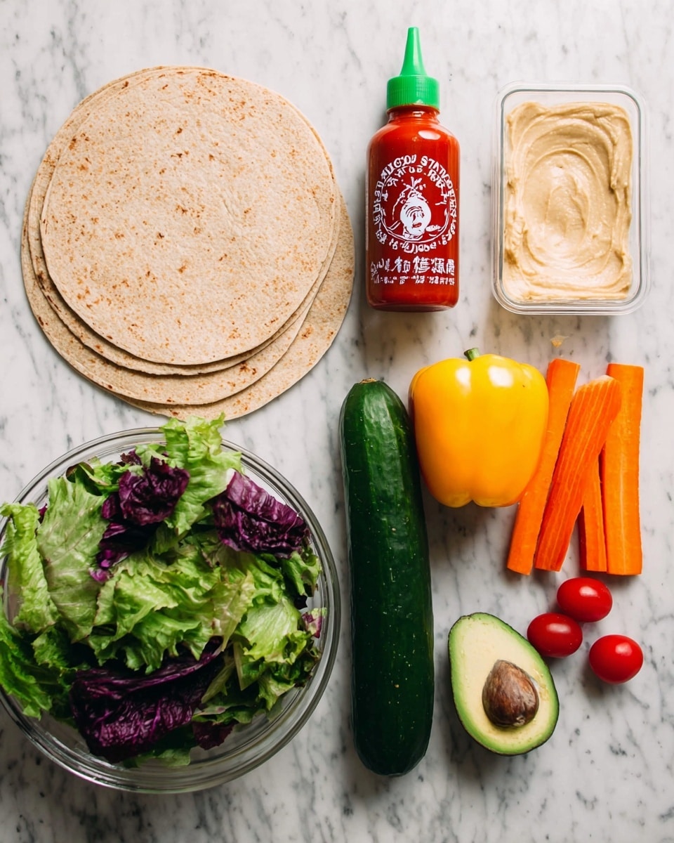 The image shows ingredients for a fresh wrap laid out on a white marbled surface. There are three round whole wheat wraps stacked on the left. Below them, there is a clear bowl filled with mixed leafy greens in shades of green and purple. In a row to the right, there is a long dark green cucumber, an orange carrot, a bright yellow bell pepper, and a dark green avocado. Two small red cherry tomatoes are placed near the bottom right corner. Above these vegetables, there is a red bottle of Sriracha hot chili sauce with a green cap. On the top right, there is a rectangular transparent container with a light beige smooth hummus spread inside. Photo taken with an iphone --ar 4:5 --v 7