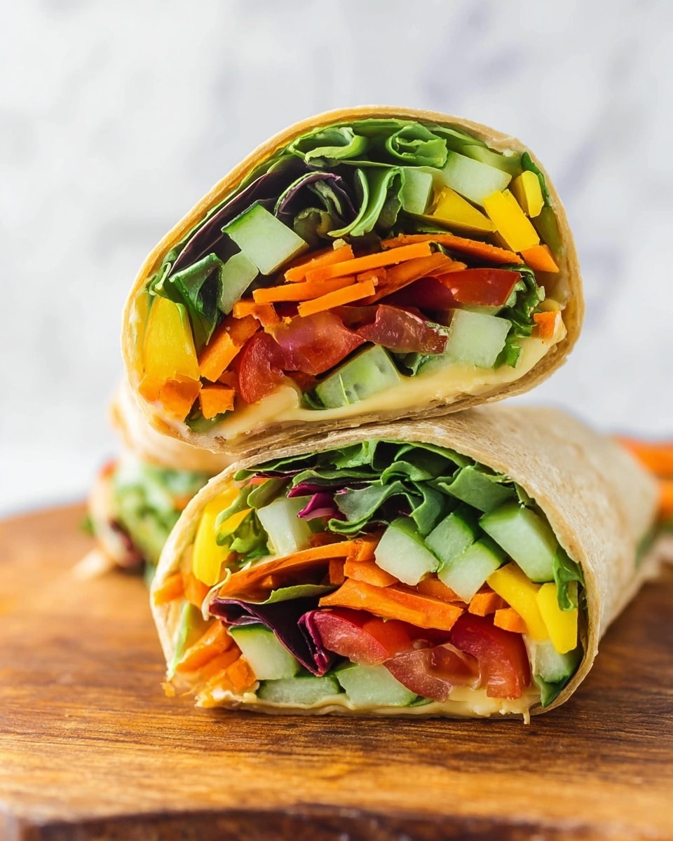 A close-up view of two stacked wrap halves placed on a wooden board, each wrap filled with multiple visible layers including light beige spread, dark green leafy lettuce, thin orange carrot sticks, bright yellow bell pepper pieces, green cucumber slices, and ripe red tomato strips, all wrapped in a light brown tortilla. The background is a soft white marbled texture. photo taken with an iphone --ar 4:5 --v 7