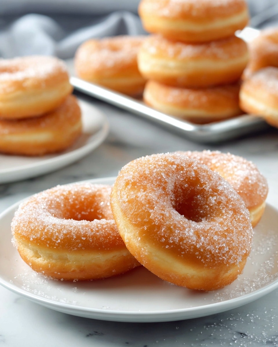 There are three golden brown donuts on a white plate, each covered with a light layer of sugar crystals that add sparkly white texture. The donuts have a soft, smooth surface with slightly darker edges from frying. Behind the plate, a silver tray holds more stacked donuts, also sugar-coated, blurred softly in the background. The whole scene sits on a white marbled surface, giving a clean and fresh look. photo taken with an iphone --ar 4:5 --v 7