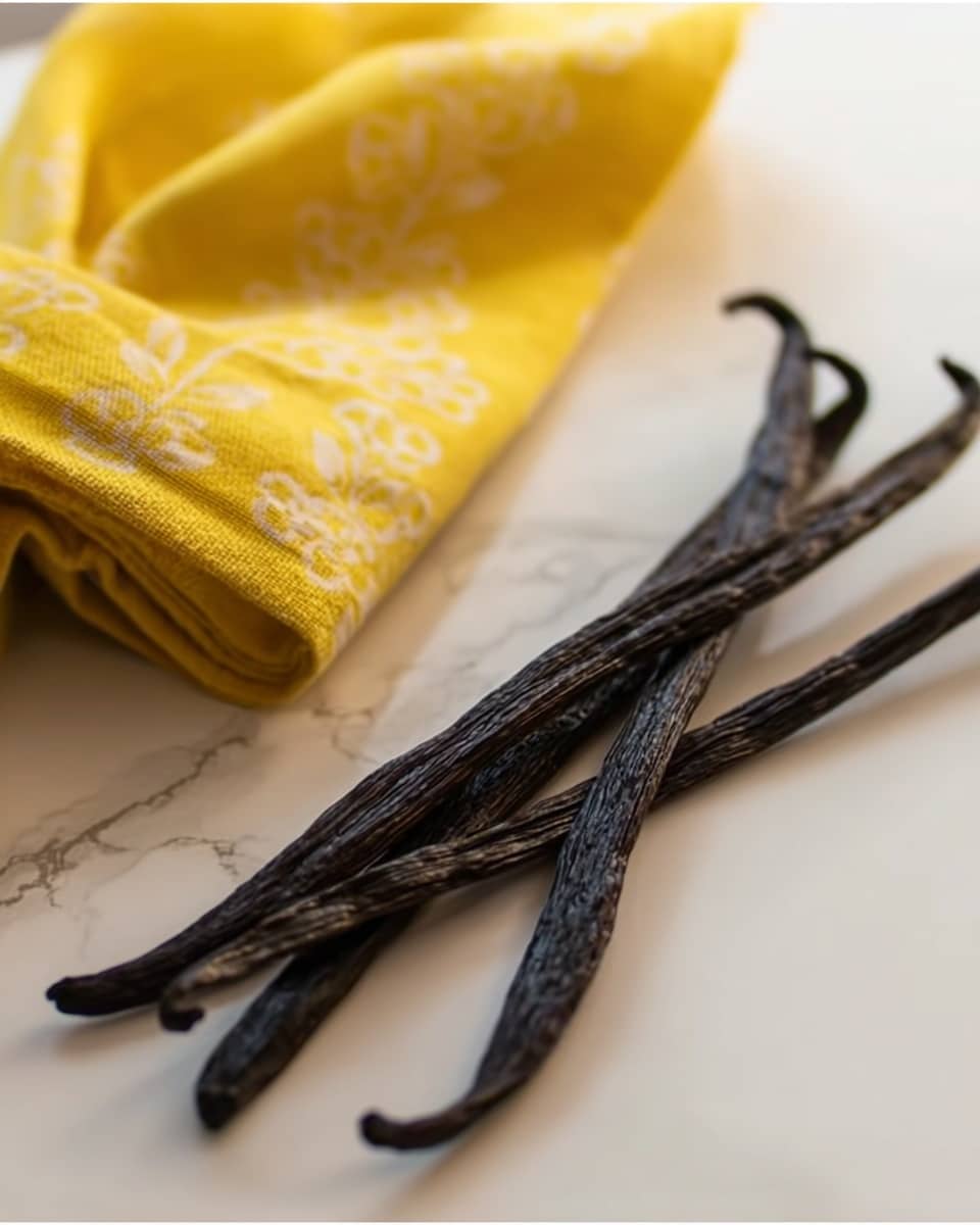 The image shows a few long, dark brown vanilla pods with a slightly wrinkled texture, laid out diagonally on a white marbled surface. In the background, there is a folded yellow cloth with a simple floral pattern, slightly blurred to keep focus on the vanilla pods. The lighting is soft, making the surface look smooth and clean. The overall composition is simple and clear with a close-up view. photo taken with an iphone --ar 4:5 --v 7