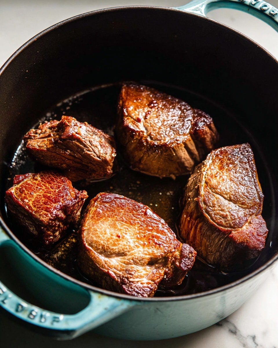 The image shows four thick pieces of browned meat inside a round, light blue cast iron pot. Each piece has a rich, dark golden crust with a slightly shiny, cooked texture, showing some searing marks. The meat pieces vary in size and shape, closely placed near the center and edges of the black inner pot. The pot is set on a white marbled surface with soft lighting that highlights the different textures and colors of the meat and pot. photo taken with an iphone --ar 4:5 --v 7