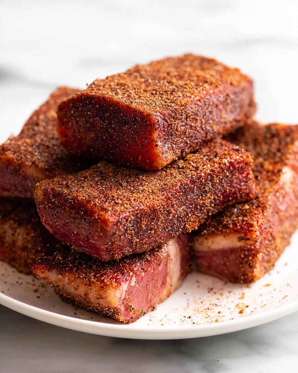 A close-up image of five rectangular pieces of meat, stacked unevenly on a white plate, showing a rough texture covered in a dark reddish-brown spice rub with visible grains. The meat pieces have a firm shape with some pinkish areas showing lightly under the spice layer. The plate sits on a white marbled surface, with some spice powder scattered near the meat edges. The focus is sharp on the front pieces, while the back pieces are slightly blurred, giving depth to the arrangement. photo taken with an iphone --ar 4:5 --v 7