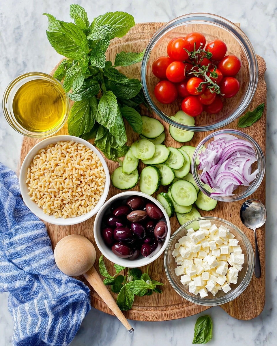 The image shows a flat lay of fresh salad ingredients arranged on a round wooden board placed on a white marbled surface. Starting from the top center, there is a small bunch of red cherry tomatoes still on the vine, next to fresh green mint leaves on the top left and basil leaves on the top right. In the center of the board is a clear glass bowl filled with dark purple olives. Below it, a small white bowl with pale beige orzo pasta with a wooden handle leans slightly right. To the left of the orzo, scattered sliced green cucumbers create a semi-circle with two more bunches of cherry tomatoes below them. Near the bottom left corner are fresh mint leaves. To the right of the cucumbers, a clear bowl holds thinly sliced pale purple and white onions. Next to it, another clear bowl on the lower right contains white cubed cheese. On the left side of the wooden board, a glass measuring cup with yellow olive oil and a silver spoon rests. A blue and white striped kitchen towel is folded next to the basil leaves on the right side. Photo taken with an iphone --ar 4:5 --v 7