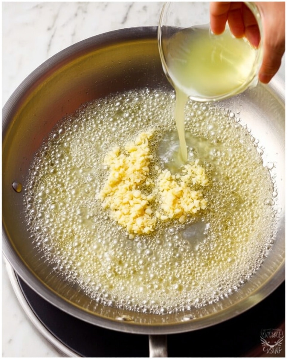 The image shows a shiny silver pan on a stove with bubbling melted butter spread evenly across the surface. In the center, finely minced garlic is sitting in a small heap, slightly yellow and soft. On the right side, a woman's hand is pouring a thin stream of pale yellow-green liquid into the pan, causing more bubbles to form and mix with the garlic and butter. The background is a white marbled surface. photo taken with an iphone --ar 4:5 --v 7