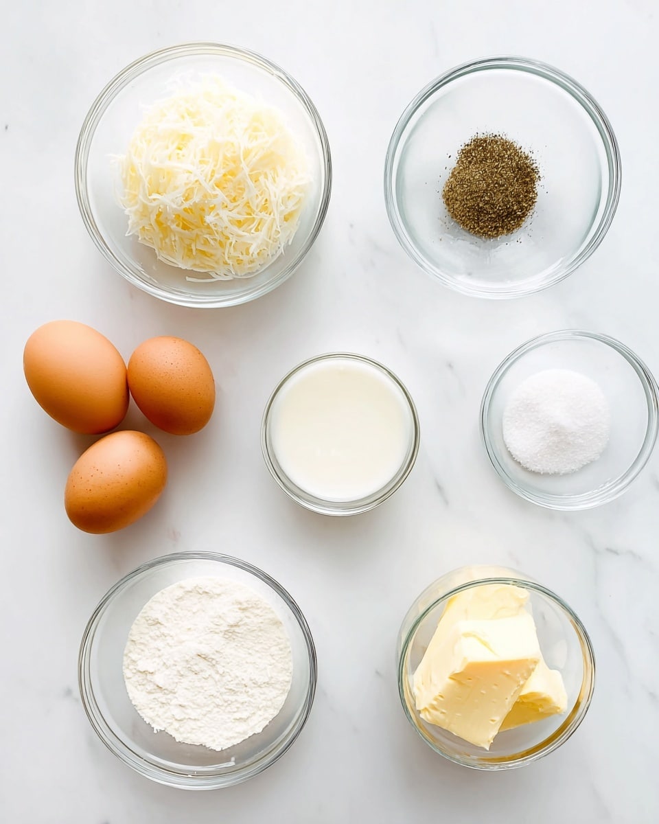 The image shows six clear glass bowls arranged on a white marbled surface. The bottom left bowl contains four whole eggs, with shades of light brown and beige. Above it to the left, a bowl holds white shredded cheese. To the top center, there is a small bowl filled with ground black pepper. To the top right, a bowl contains white salt crystals. The bottom center bowl has a creamy white liquid. The bottom right small bowl holds a pale yellow chunk of butter. All bowls are clear, showing the colors and textures of the ingredients inside, arranged neatly with good lighting. Photo taken with an iphone --ar 4:5 --v 7