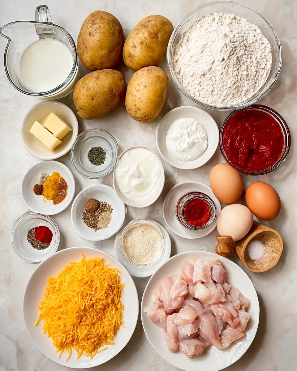 The image shows an organized top-down view of cooking ingredients placed on a white marbled surface. There are three large light brown potatoes in the top center, a clear glass measuring cup filled with milk to the left, and a white bowl of white flour on the right. Below the potatoes are small glass containers with green spices and yellow butter cubes. There are four small white plates holding various colorful spices in shades of red, brown, black, and beige, along with a small bowl of white yogurt or sour cream. Two brown eggs are positioned on the right side near a white bowl holding white liquid, possibly cream or yogurt. At the bottom right is a bowl containing light pink raw chicken pieces, to the left is a white bowl filled with bright orange shredded cheese, and nearby is a small glass bowl of white mayonnaise or sauce and a wooden bowl holding coarse salt. A small glass cup of water and two small glass jars of red sauces are also visible, all neatly arranged. photo taken with an iphone --ar 4:5 --v 7