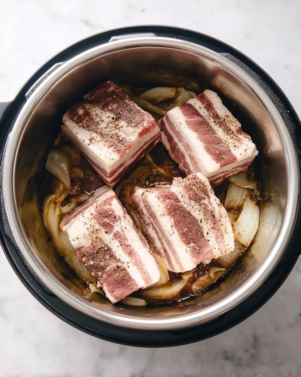 Inside a round stainless steel cooking pot on a white marbled surface, there are four thick pieces of raw pork belly, seasoned with black pepper and salt, placed on top of sliced cooked onions. The pork belly pieces are light pink with white fat layers creating a striped pattern, and the cooked onions beneath are golden brown and slightly translucent, filling the bottom of the pot around the meat. The top-down view shows the pot's shiny metallic rim and black outer edge. Photo taken with an iphone --ar 4:5 --v 7