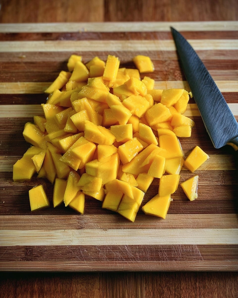 The image shows many small yellow mango pieces on a wooden cutting board with light and dark brown stripes. Next to the mango pieces, there is a black knife resting on the board. The setting has a simple, clean look with the focus on the bright mango chunks. photo taken with an iphone --ar 4:5 --v 7