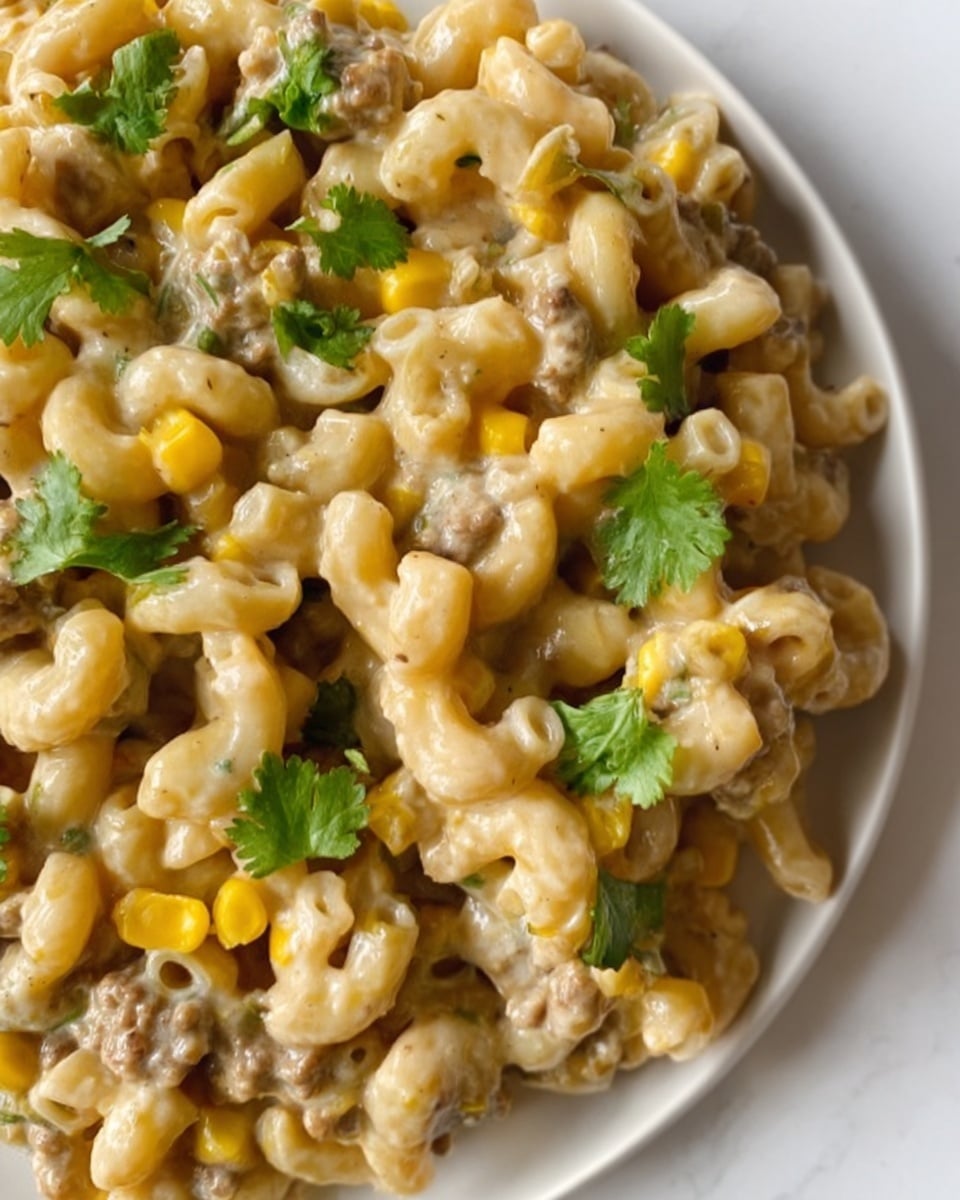 This close-up image shows a creamy pasta dish with elbow macaroni mixed with small pieces of light brown meat and yellow corn kernels. The creamy sauce coats the pasta well, giving it a smooth texture with a pale creamy color. Bright green cilantro leaves are scattered on top, adding a fresh pop of color. The dish is presented on a white plate placed on a white marbled surface. Photo taken with an iphone --ar 4:5 --v 7
