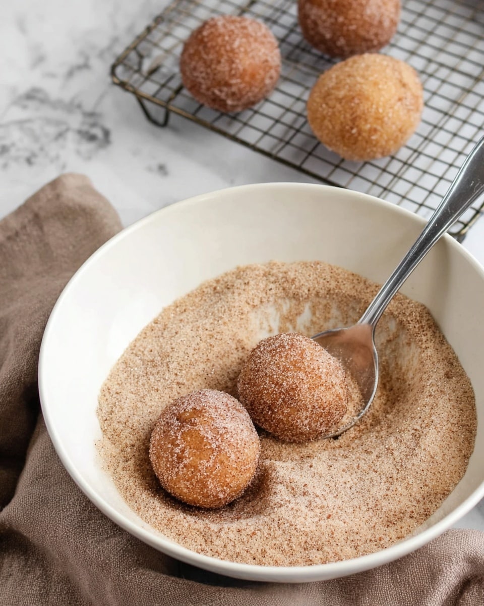The image shows three round doughnut holes covered in a light brown cinnamon sugar mixture. Two doughnut holes are resting in a large white bowl filled with cinnamon sugar, while a silver spoon is scooping one doughnut hole, coating it evenly. In the background, three more doughnut holes sit on a metal cooling rack. The scene is set on a white marbled surface with a light brown cloth partially visible to the side. The doughnut holes have a golden brown texture under the sugar coating. photo taken with an iphone --ar 4:5 --v 7