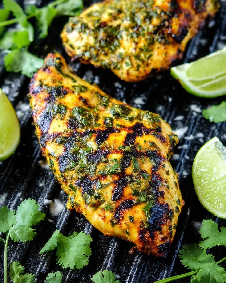 Two grilled chicken pieces lie on a black grill with char marks and green herb seasoning spread over them. The chicken is a mix of yellow-orange with dark brown grill lines and bright green herb bits. Around the grill are fresh cilantro leaves and bright green lime wedges, with a few lime slices showing their juicy inside. The background is a white marbled texture. photo taken with an iphone --ar 4:5 --v 7