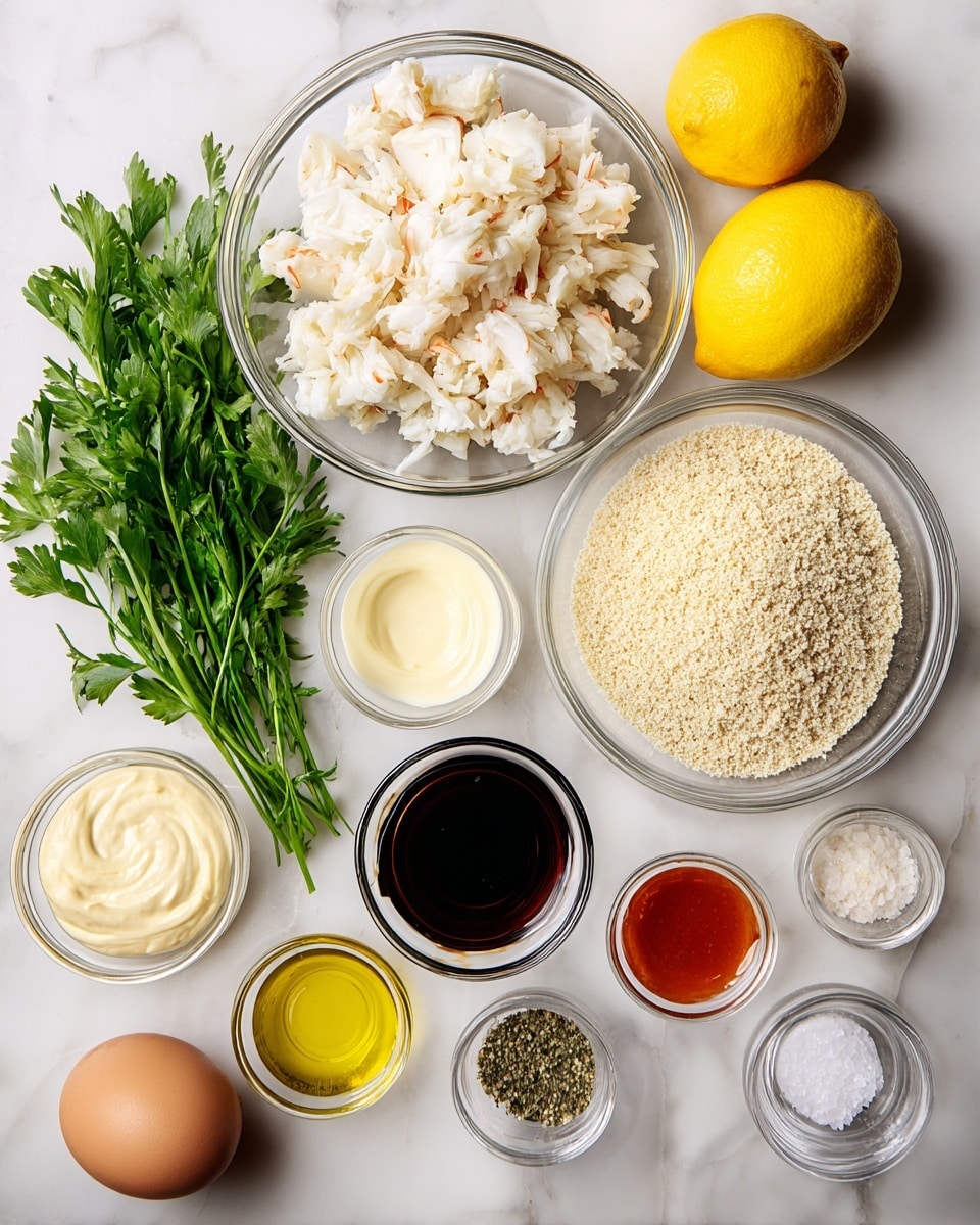 The image shows various ingredients arranged neatly on a white marbled surface. At the center is a large glass bowl filled with white crab meat, next to which is a smaller glass bowl containing light beige breadcrumbs. To the left of the bowls, there is a bunch of fresh green parsley with fine leaves. Around these main ingredients are smaller bowls with different sauces and seasonings: creamy white mayonnaise, a clear oil, a small amount of dark soy sauce, and a reddish sauce. There are also two whole bright yellow lemons, a single brown egg, and small bowls containing salt and black pepper. All items are clearly separated and organized. photo taken with an iphone --ar 4:5 --v 7