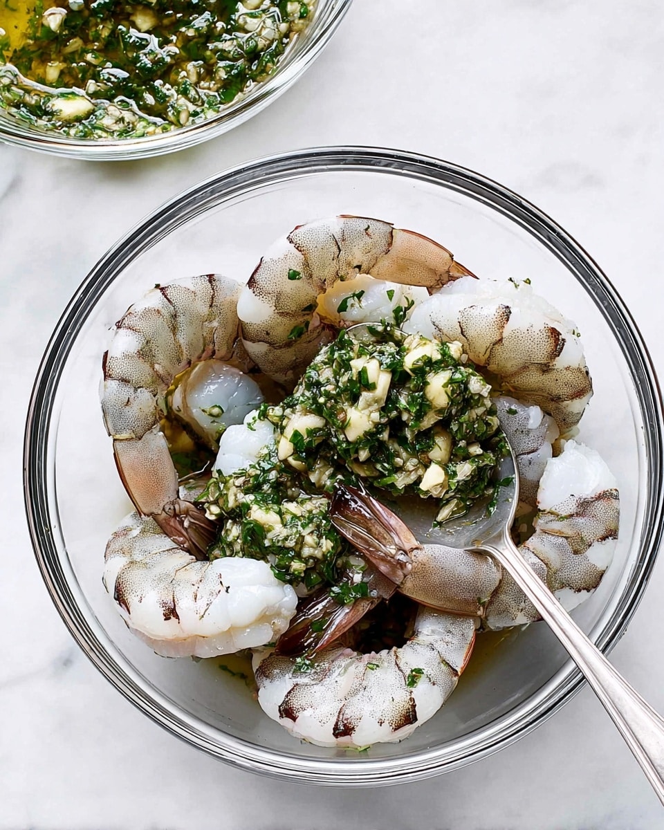 A clear glass bowl sits on a white marbled surface filled with large raw shrimp arranged in a loose circular layer, their pale gray and white bodies slightly translucent with darker brown stripes and tails intact. Over the shrimp, a fresh green herb mixture with chopped garlic and olive oil is being spooned in by a silver spoon, adding a bright, textured layer of green and small creamy white chunks scattered unevenly on top. In the background, a second glass bowl contains more of the same herb and oil mixture, visible but out of focus. photo taken with an iphone --ar 4:5 --v 7